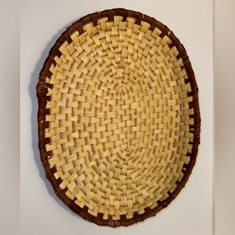 Woven Low Oval Basket with Brown Trim